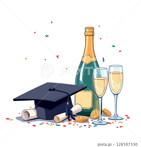 Vsai graduation ceremony celebration with sparkling wine and mortarboard 126587330