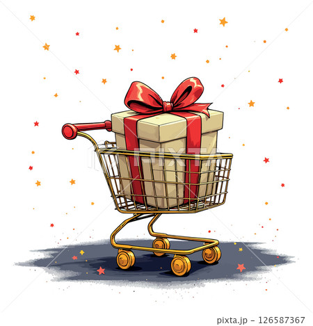 Vsai shopping cart carrying a gift box with red ribbon and stars background 126587367