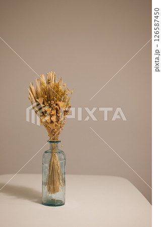 Side view of dried flower bouquet in transparent blue vase on a white table with neutral background 126587450