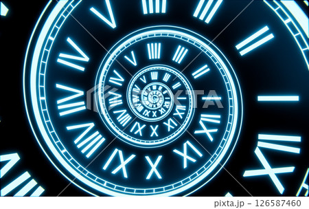 Glowing Neon Spiral Clock, Dark Time Concept Background Glowing Neon Spiral Clock, Dark Time Concept Background 126587460