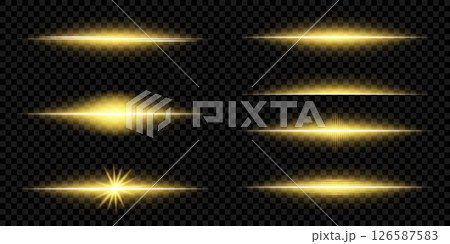 Golden horizontal lens flares creating light effect on dark background 126587583