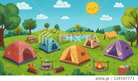 Colorful tents set in a green landscape near a lake during a sunny day in a cartoon illustration 126587771