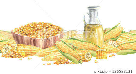 Glass bottle with corn oil and bowl with maize kernels seamless border. Wooden dishes with Fresh sweet corn, maize corncobs and husks. Hand drawn watercolor food illustration isolated from background Glass bottle with corn oil and bowl with maize kernels seamless border. Wooden dishes with Fresh sweet corn, maize corncobs and husks. Hand drawn watercolor food illustration isolated from background 126588131