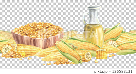 Glass bottle with corn oil and bowl with maize kernels seamless border. Wooden dishes with Fresh sweet corn, maize corncobs and husks. Hand drawn watercolor food illustration isolated from background Glass bottle with corn oil and bowl with maize kernels seamless border. Wooden dishes with Fresh sweet corn, maize corncobs and husks. Hand drawn watercolor food illustration isolated from background 126588131