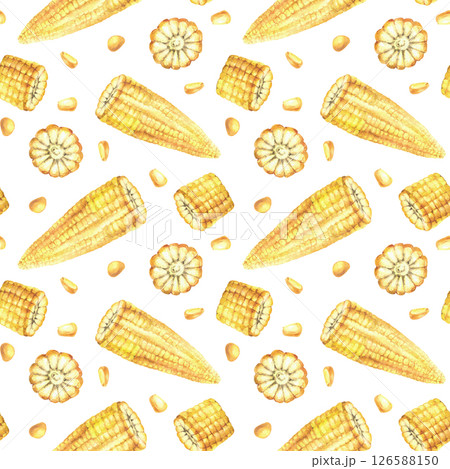 Corn seamless pattern. Watercolor yellow kernels, pieces of cut corncobs. Sweet golden maize plant cobs and seeds. Hand drawn illustration food labelling, fabric, wallpaper. Isolated white background. 126588150