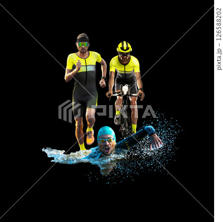 Compositional collage. Male triathlete swimming, cycling and running in bright yellow gear on black background, frozen in dynamic motion. 126588202