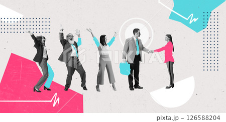 Conceptual art design. Team celebrating success while employer handshake with new worker, professional, symbolic leadership support Conceptual art design. Team celebrating success while employer handshake with new worker, professional, symbolic leadership support 126588204