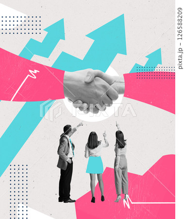Creative art design. Handshake with rising chart arrows in background, symbolizing business growth and strategic success. Creative art design. Handshake with rising chart arrows in background, symbolizing business growth and strategic success. 126588209