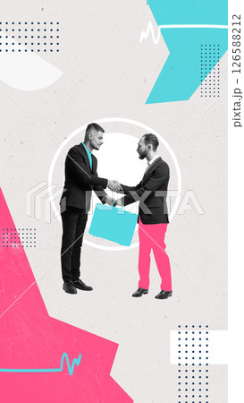 Contemporary art collage. Warm welcome handshake for new team member, surrounded by abstract vibrant symbols. Contemporary art collage. Warm welcome handshake for new team member, surrounded by abstract vibrant symbols. 126588212