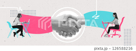 Banner. Surreal art collage. Handshake through screen represents digital partnership in remote work setting, with virtual team connected 126588216