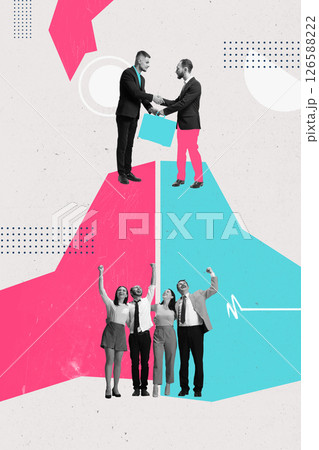 Conceptual art collage. Business deal. Powerful handshake on top of mountain peak, symbolizing goal achievement and team success. 126588222