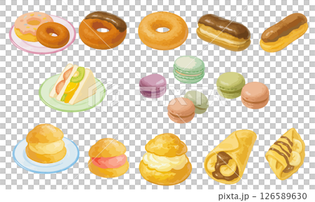 Sweets illustration set 1 | Cute sweets such as donuts, eclairs, macarons, etc. 126589630