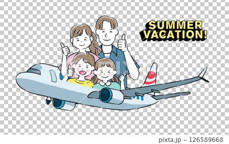 Illustration of a family going on a summer trip by plane 4C Illustration of a family going on a summer trip by plane 4C 126589668