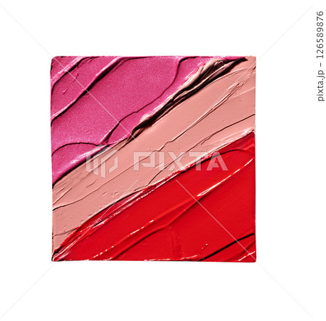 Rich various lipstick texture with smooth application and glossy finish for beauty and cosmetic themes isolated on white background. Red and pink lipstick background. 126589876