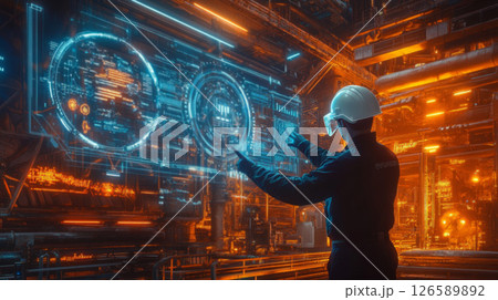 Futuristic Industrial Engineer Using Digital Interface in Smart Factory 126589892