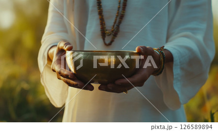 Hands Holding a Singing Bowl in a Peaceful Outdoor Setting 126589894