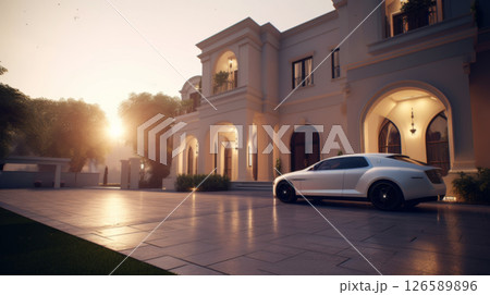 Luxury Sports Sedans Parked in Front of Elegant Mansions at Sunset 126589896