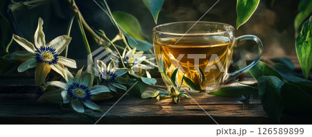 Herbal Tea with Blue Passionflower in a Glass Cup 126589899