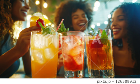 Colorful Cocktails and Friends Enjoying a Night Out 126589912
