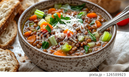 Hearty Lentil Soup with Vegetables and Bread 126589923
