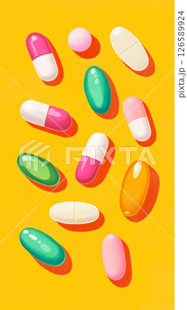 Colorful Assorted Pills and Capsules on Vibrant Yellow Background 126589924