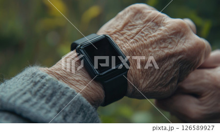Elderly Hands Wearing a Smartwatch for Health Monitoring 126589927