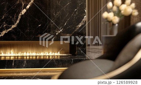Modern Black Marble Fireplace with Designer Lounge Chair 126589928