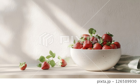Fresh Strawberries in Ceramic Bowl on Sunlit Table 126589930