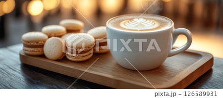 Latte Art and Macarons on Wooden Tray in Warm Cafe Setting 126589931