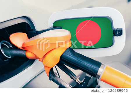 The flag of Bangladesh on the hatch of the gas tank of a car at a gas station. Gasoline and diesel fuel in Bangladesh. High prices for diesel fuel, gasoline and gas at gas stations in Bangladesh 126589946