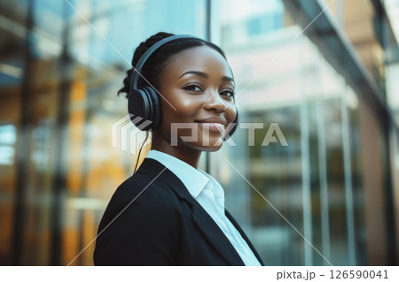 Smiling African woman call center operator, Business communication concept, Generative AI 126590041