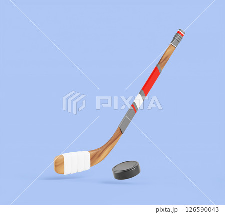 3d hockey stick with puck render icon. Sport equipment for team game on ice rink. Wooden hockey stick with red gray striped pattern and white tape on hook isolated on blue background. 3D illustration 126590043