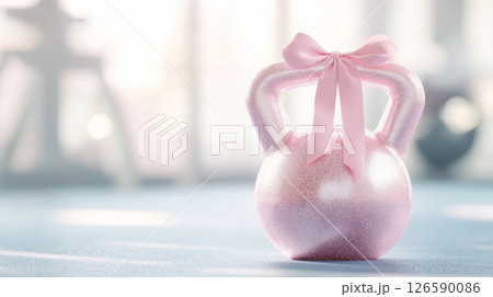 Elegant Pink Kettlebell with Ribbon in Bright Gym Setting 126590086