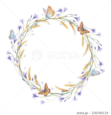 A wreath of bluebells, wheat and butterflies. watercolor illustration 126590119