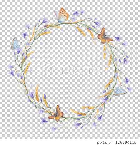 A wreath of bluebells, wheat and butterflies. watercolor illustration A wreath of bluebells, wheat and butterflies. watercolor illustration 126590119