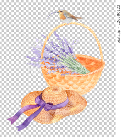 Watercolor basket with lavender bouquet, straw hat with a ribbon and bird 126590122