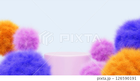 Pink cylinder podium with color fur fluffy balls. 3d render of round product presentation platform, flying cute soft plush spheres with hairy texture, cosmetics or holiday sale banner. 3D illustration Pink cylinder podium with color fur fluffy balls. 3d render of round product presentation platform, flying cute soft plush spheres with hairy texture, cosmetics or holiday sale banner. 3D illustration 126590191