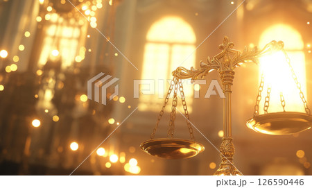 Golden Scales of Justice in Glowing Light of a Grand Courtroom 126590446
