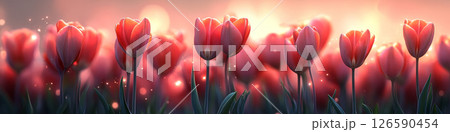 Vibrant Red Tulips Glowing in Golden Sunset Lightのイラスト素材 [126590454 ...