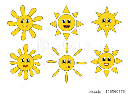 Smiling Faces Sun icon set in groovy style. Vector flat illustration. Smiling Faces Sun icon set in groovy style. Vector flat illustration. 126590576