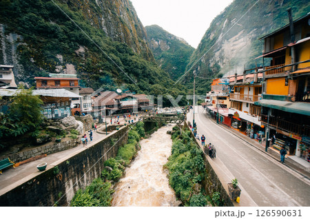 Aguas Calientes, Peru - dec 2, 2024 View of the Urubamba river through the Aguascalientes village Aguas Calientes, Peru - dec 2, 2024 View of the Urubamba river through the Aguascalientes village 126590631