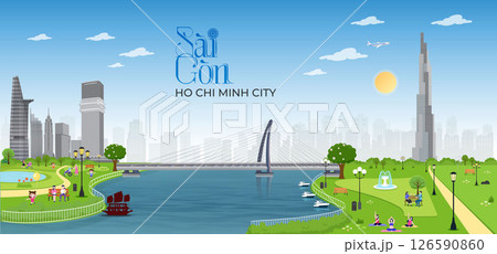 Ho Chi Minh city skyline vector with park and river Saigon 126590860