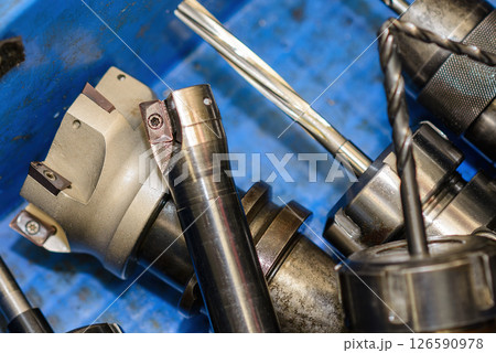 Close up scene the indexable rough tool for CNC milling machine. Close up scene the indexable rough tool for CNC milling machine. 126590978