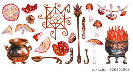 Halloween Magic orange clipart set with fly agarics, bronze cauldron, chain, magic wand, mushrooms 126591068