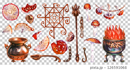 Halloween Magic orange clipart set with fly agarics, bronze cauldron, chain, magic wand, mushrooms 126591068