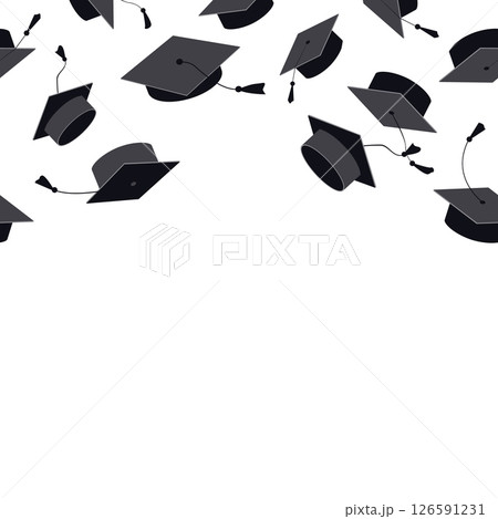 Festive seamless border frame with graduate hats in the air. Flying graduation caps background for graduation announcements, invitations, celebration designs. Vector illustration 126591231