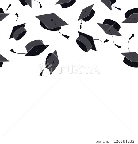Festive seamless pattern with graduate hats in the air. Flying graduation caps background for graduation announcements, invitations, celebration designs. Vector illustration 126591232