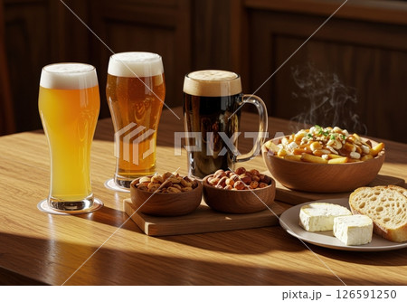 Three beers and snacks on wooden table 126591250
