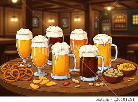 A cartoon illustration of a round wooden table filled with seven different beers and various snacks A cartoon illustration of a round wooden table filled with seven different beers and various snacks 126591251