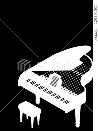 Isometric concert white piano royal top view vertical poster A4. Pianist place under spotlights on stage. Minimalistic black and white 3D vector concept isolated on black background 126591506